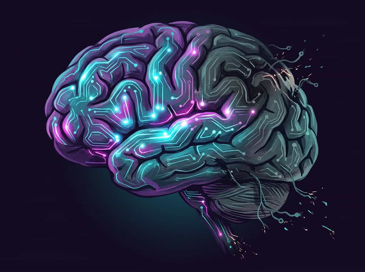 Illustration of a brain with fading neural connections representing cognitive dependency on AI tools