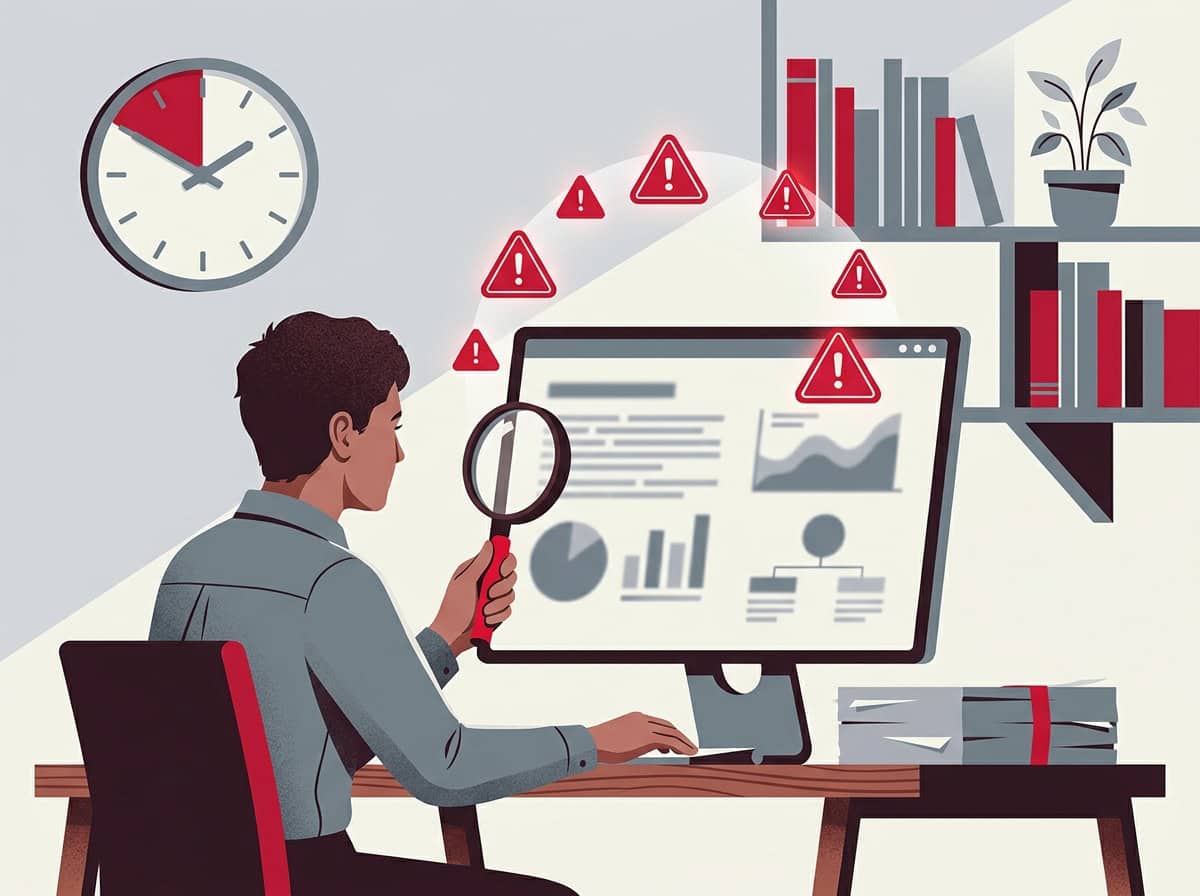 Person fact-checking AI output with warning symbols, representing the cost of AI hallucination verification