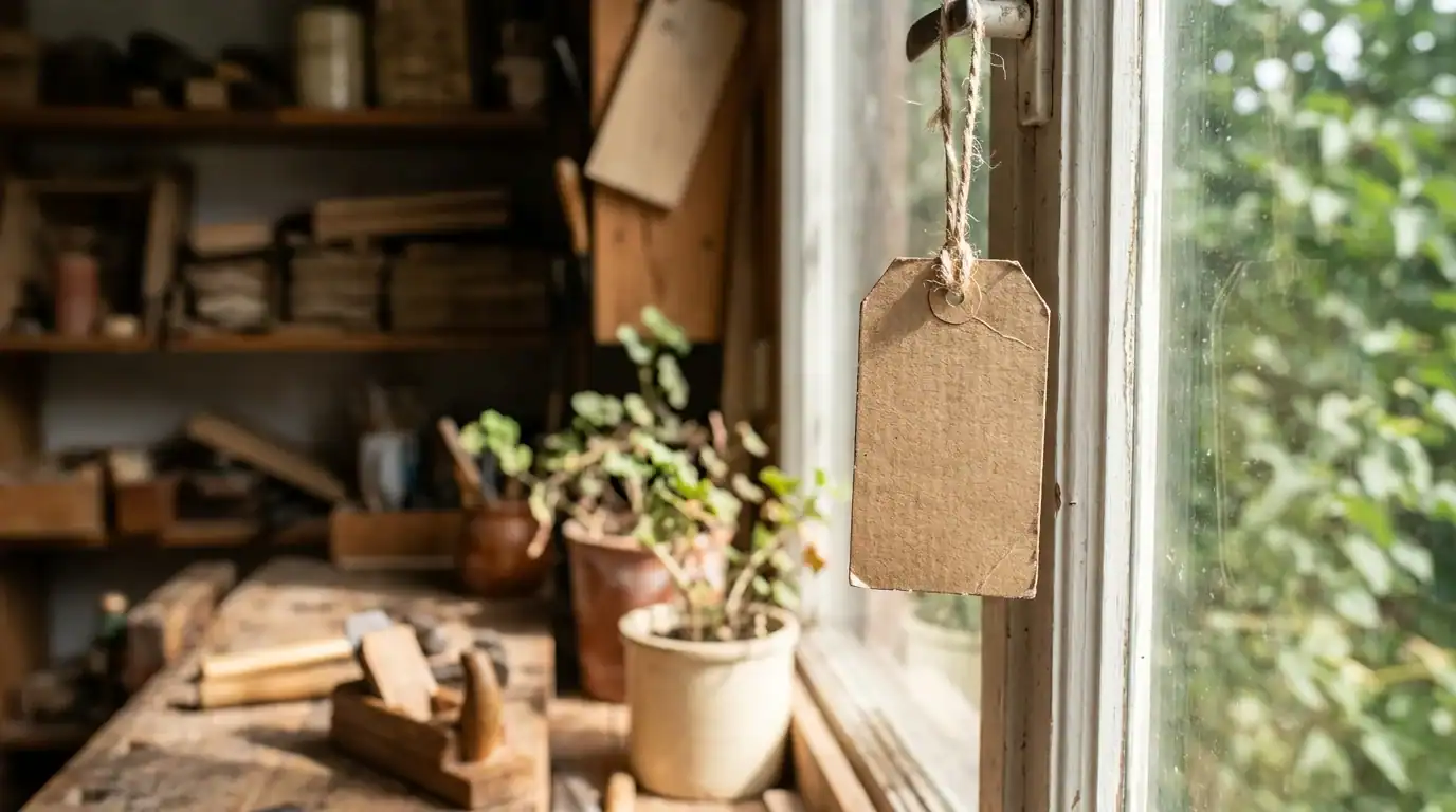 Blank kraft tag hanging in a craftsman workshop window, symbolizing patient long-term blog monetization