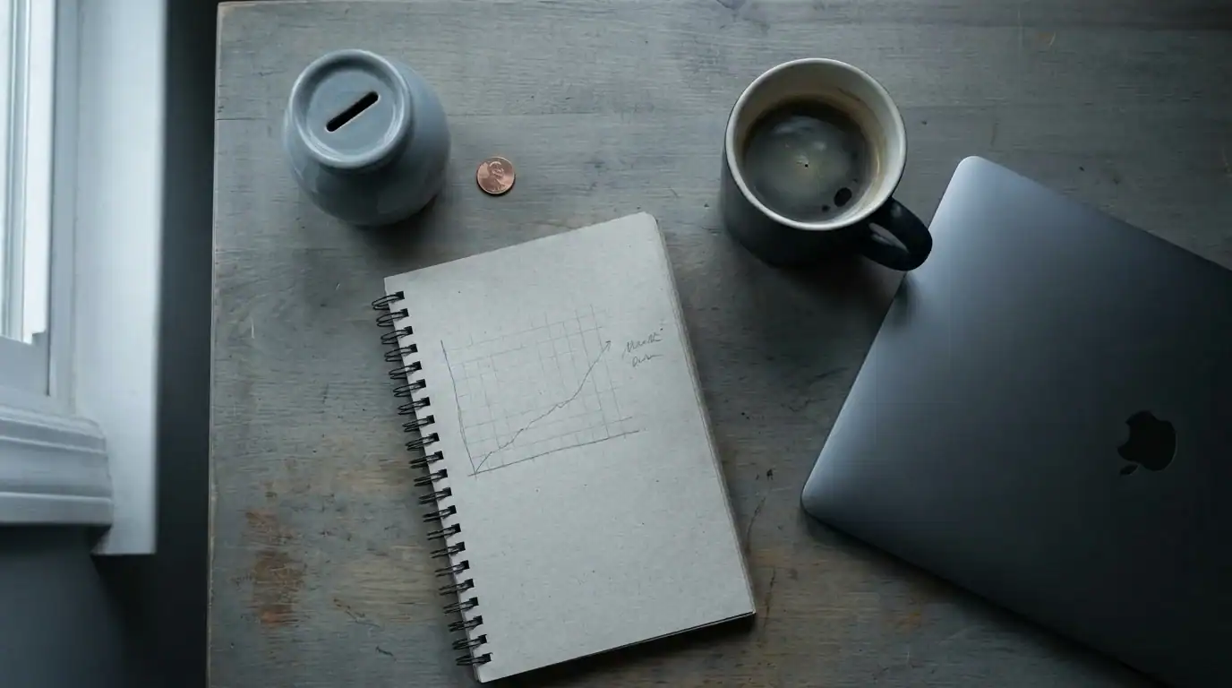 Quiet workspace with a single penny beside a coin bank and a notebook showing a slow-climbing blog monetization graph