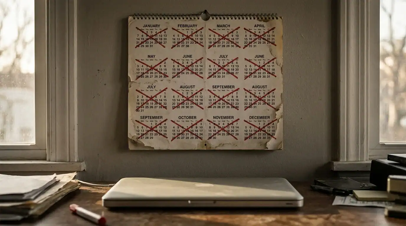 Worn calendar showing two years of crossed-off months above a closed laptop, illustrating the long blog monetization timeline