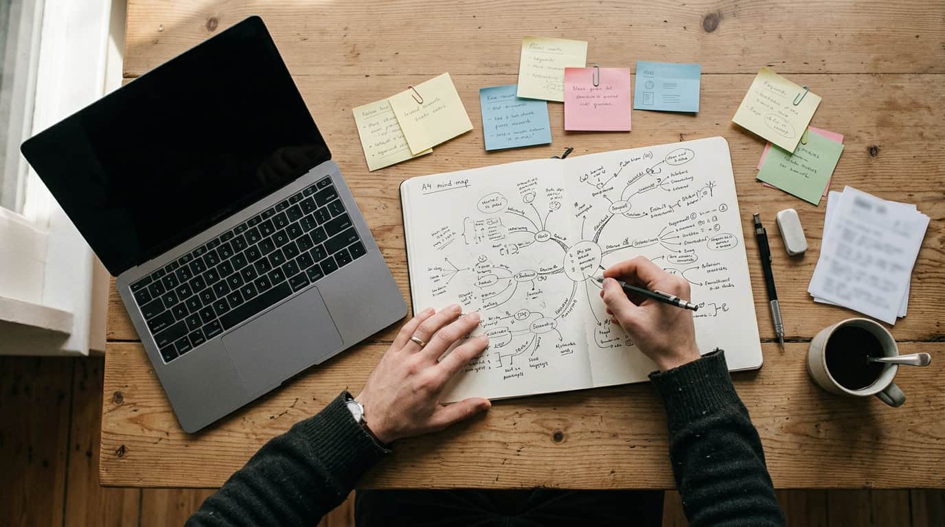 Overhead view of a wooden desk with a laptop, notebook showing a hand-drawn mind map, sticky notes, and coffee