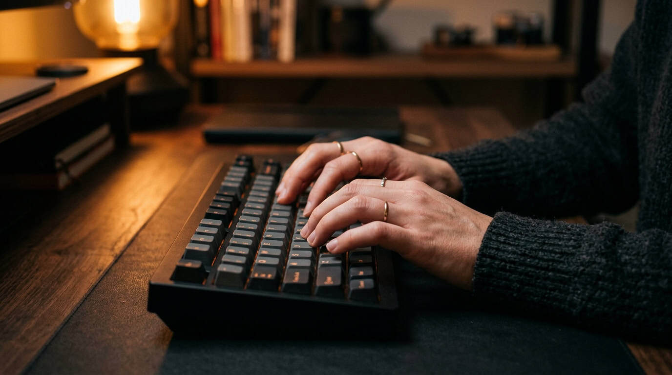 Close-up of hands typing on a dark mechanical keyboard lit by a warm desk lamp, with blurred bookshelf in the background