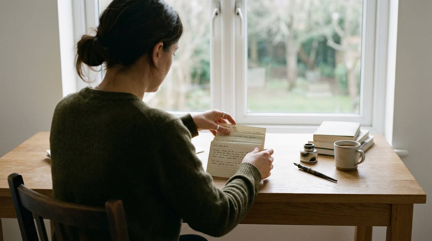 Writer at a window desk organizing index cards into a column, holding one up to read, with a coffee cup beside them