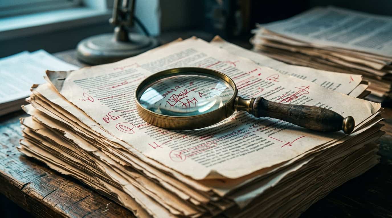 Stack of printed documents with red pen annotations and a brass magnifying glass on top, dramatic side lighting