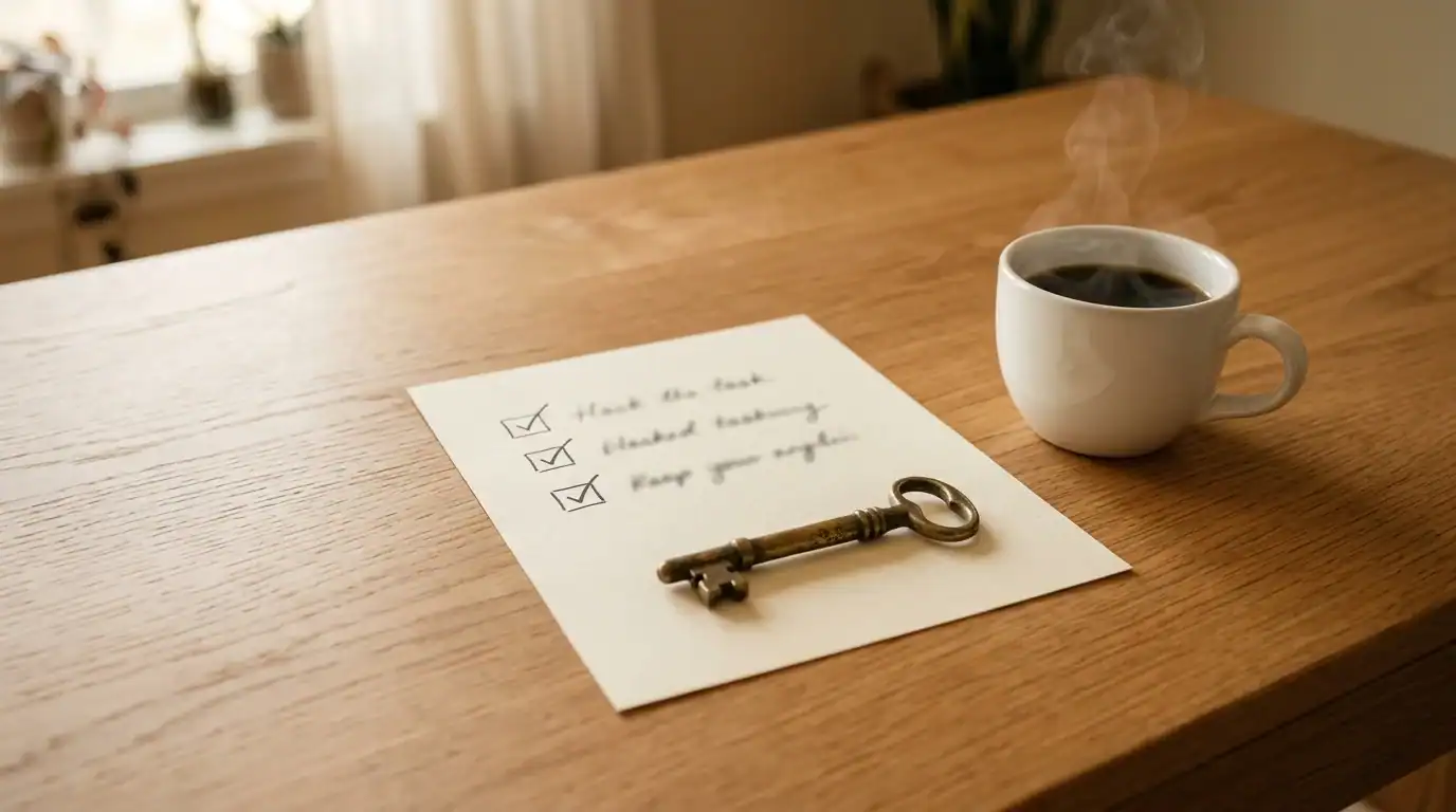 Cream paper checklist anchored by a brass key beside a coffee cup, evoking the focus that pushed me into the RankMath vs Yoast comparison
