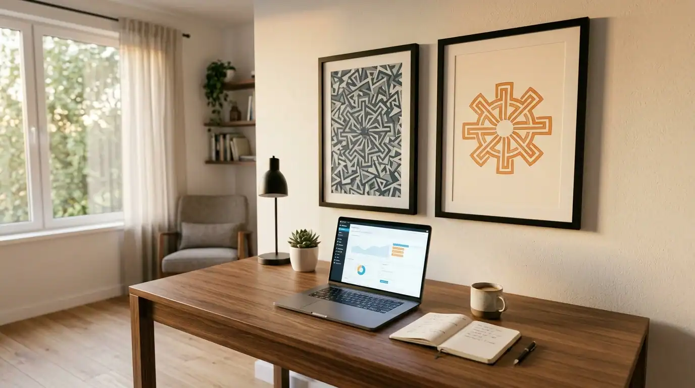 Two framed minimalist art prints above a tidy WordPress workspace illustrating a RankMath vs Yoast philosophy contrast