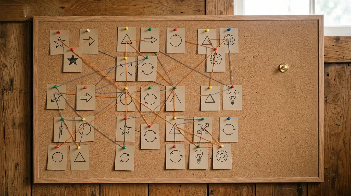 Corkboard with kraft cards connected by orange and grey threads, illustrating the internal linking suggester I lean on in the RankMath vs Yoast comparison