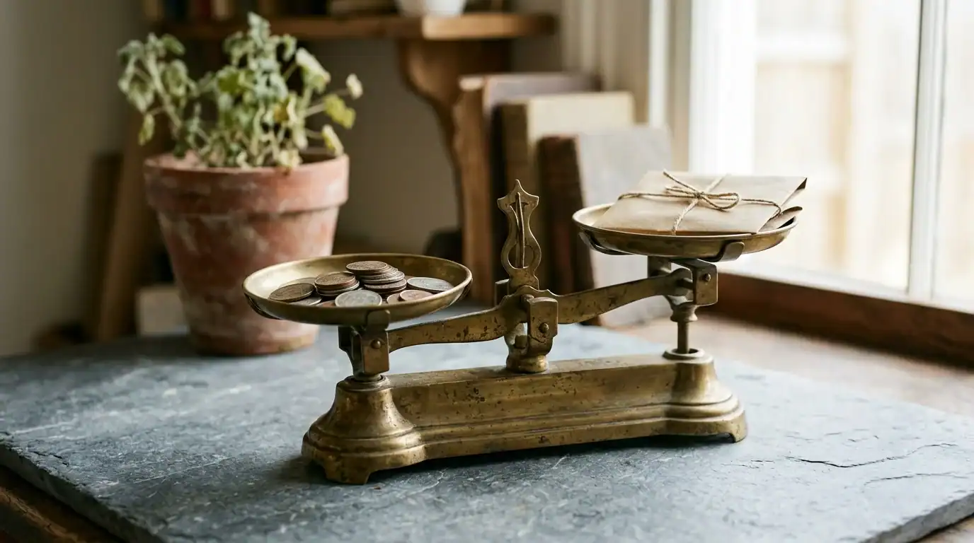 Vintage brass scale tilted under coins versus a folded kraft tag, representing the pricing trade-off in the RankMath vs Yoast decision