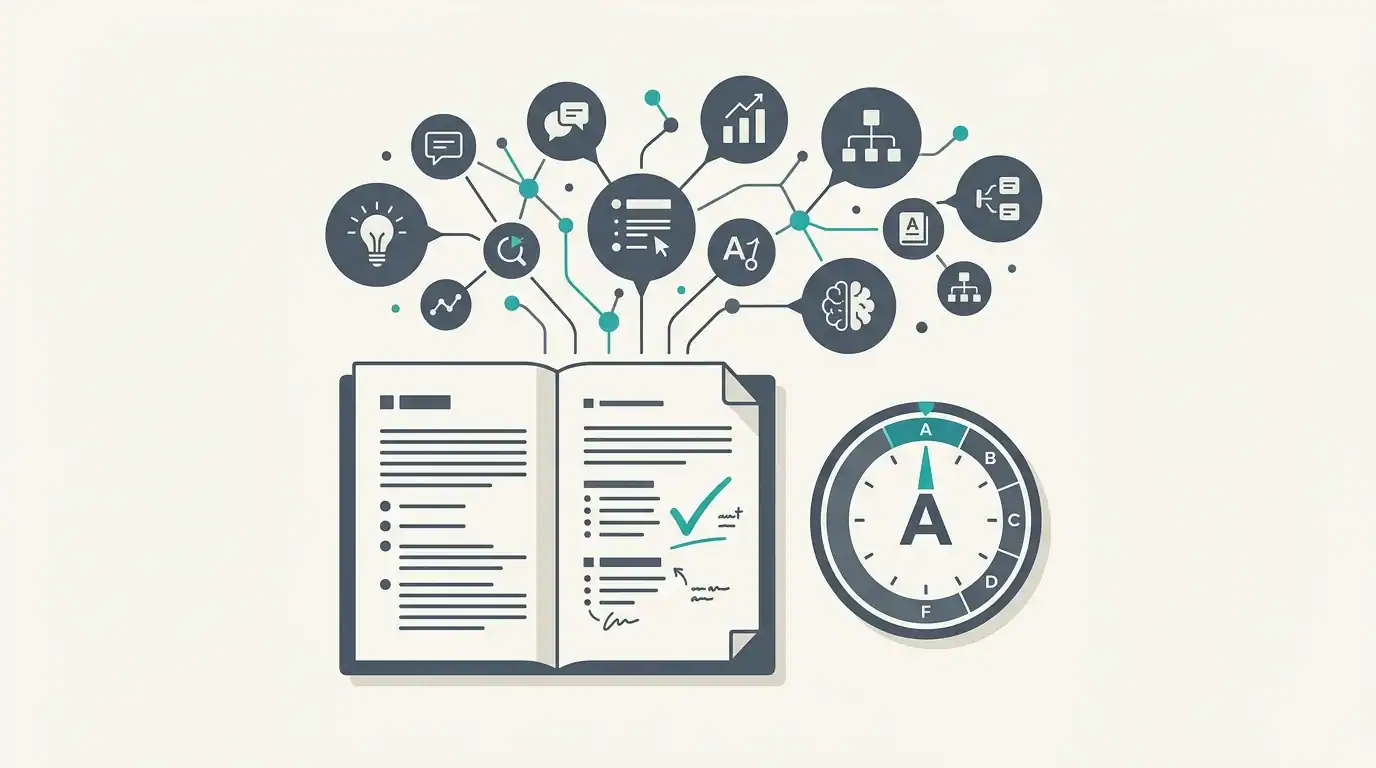 Clearscope content grading concept among AI SEO tools, a document with a grade dial