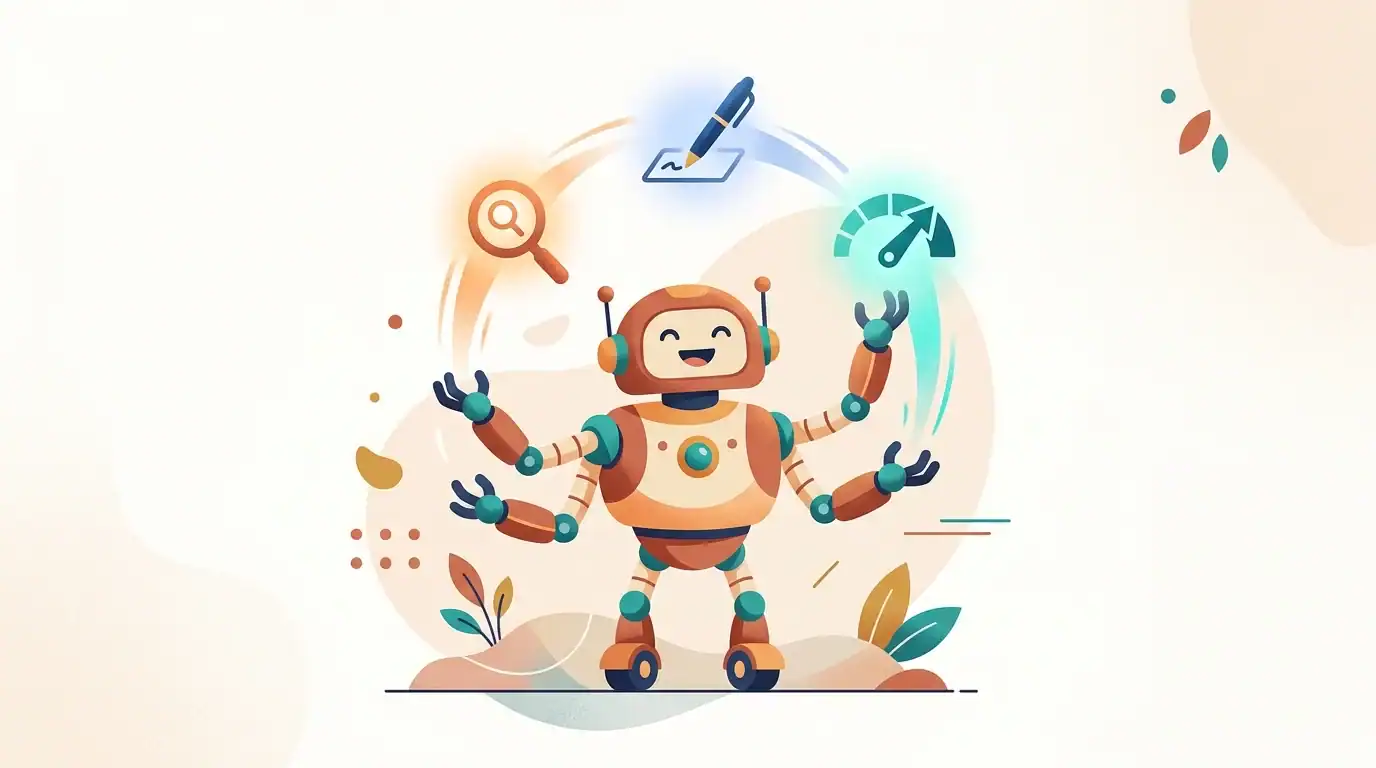 Frase and NeuronWriter as all-in-one AI SEO tools, a robot juggling research, writing, optimization