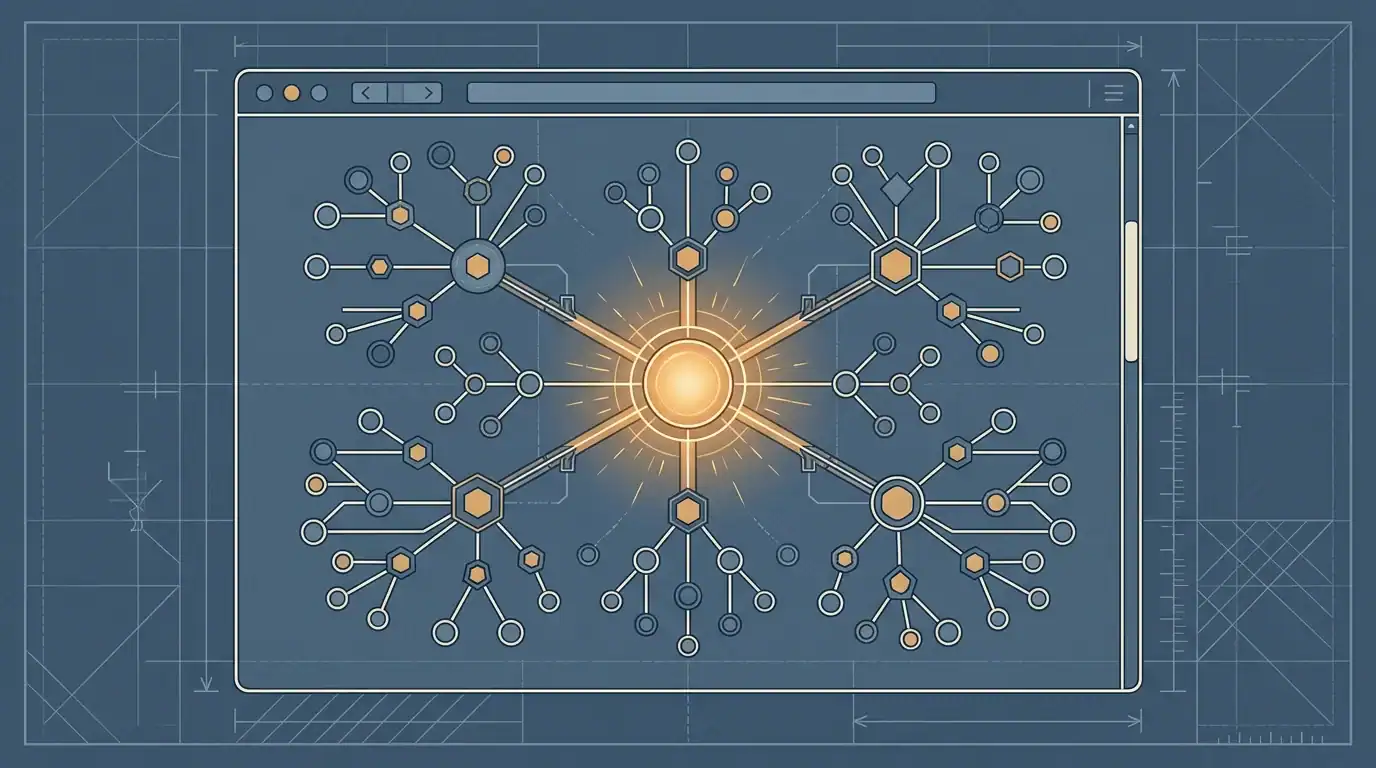 MarketMuse topical authority planning concept, a hub branching into content clusters