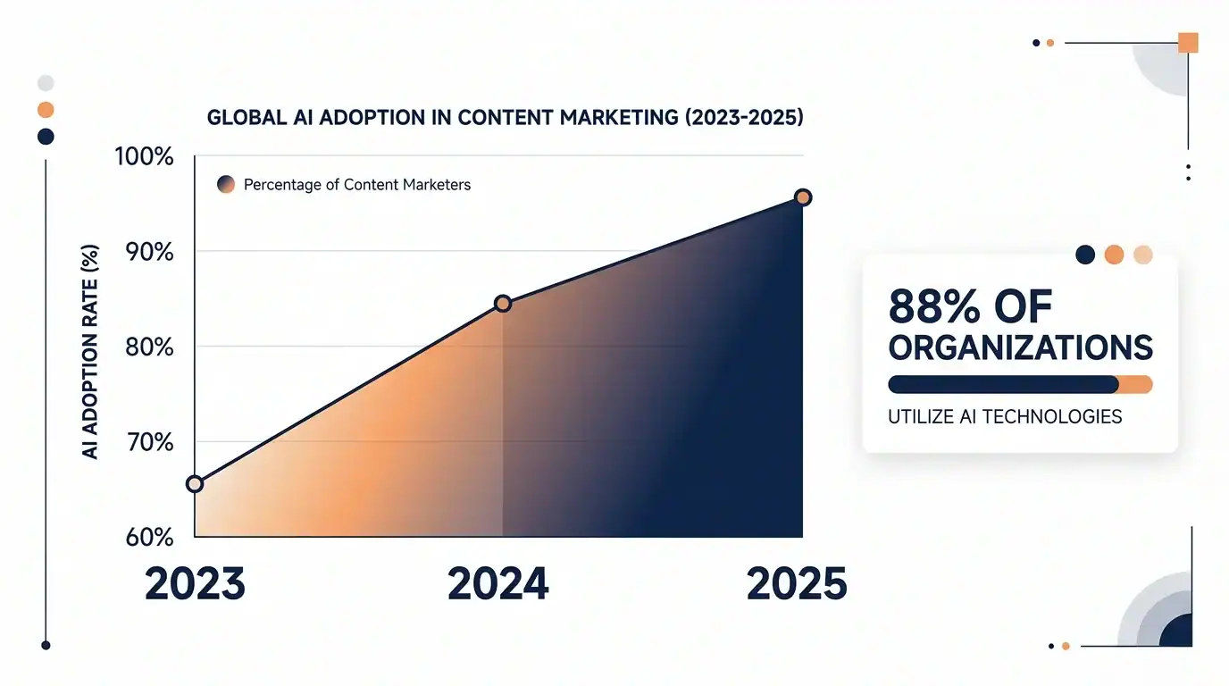 Chart showing AI tools for content creators adoption climbing from 65 percent in 2023 to 95 percent in 2025 with 88 percent of organizations using AI
