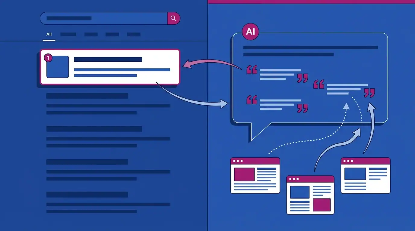 Split-screen illustration showing how AI tools for content creators citations come from outside the top 10 search results