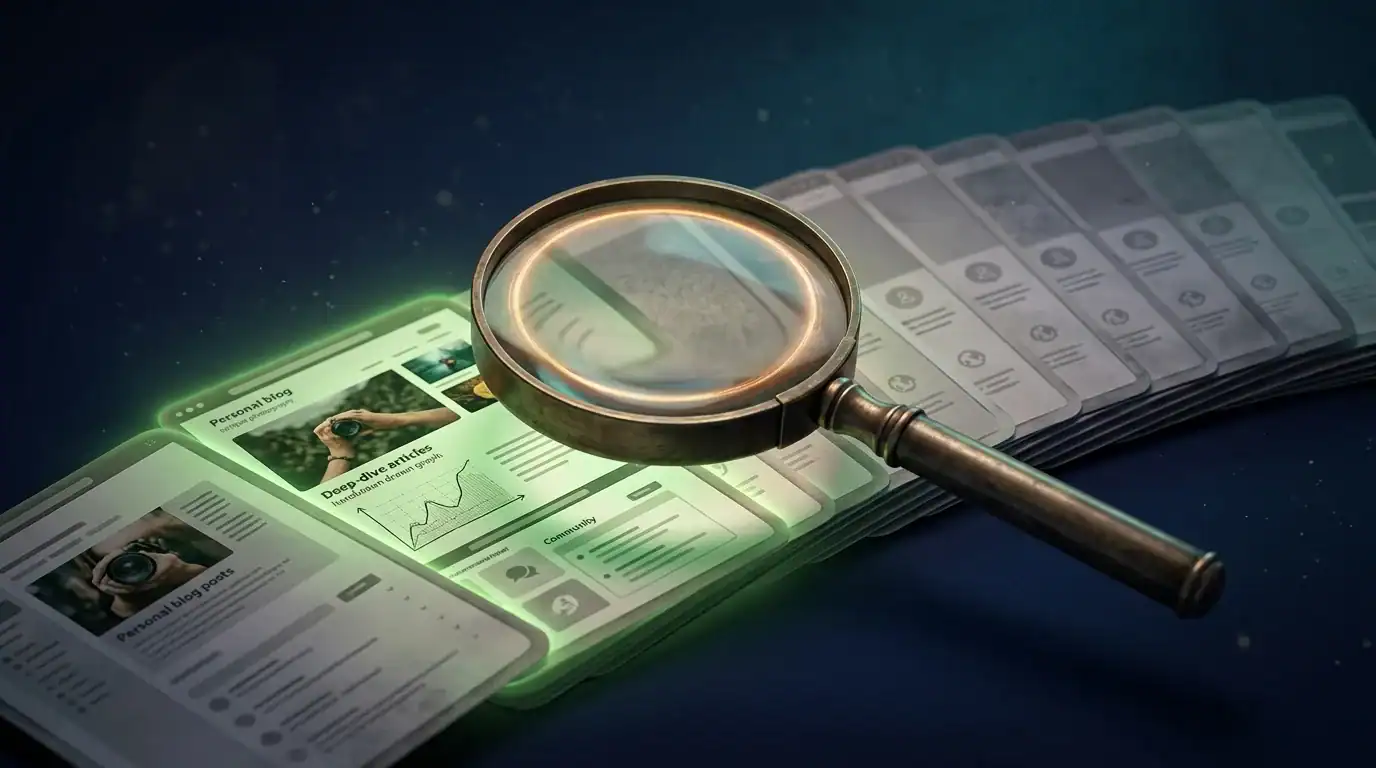Magnifying glass over webpage thumbnails — symbolic of how the December 2025 Core Update separates trustworthy content from mass-produced AI output