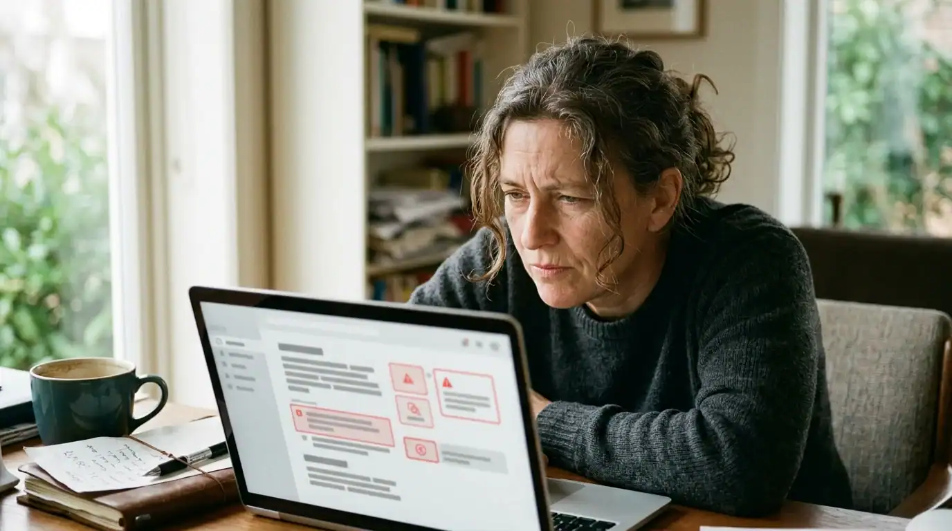 Creator reviewing AI tools for content creators output with red verification flags on screen, expression skeptical and tired