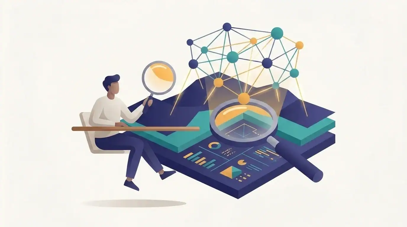 Deep keyword research data and backlink web explored with a magnifying glass