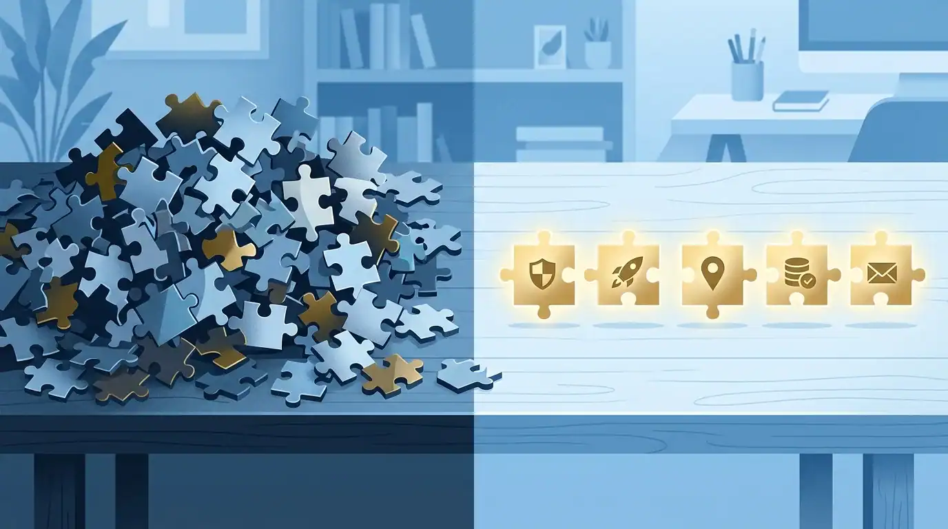 Essential WordPress Plugins: What You Actually Need in 2026 1 Pile of tangled plugin puzzle pieces beside a small set of essential WordPress plugins