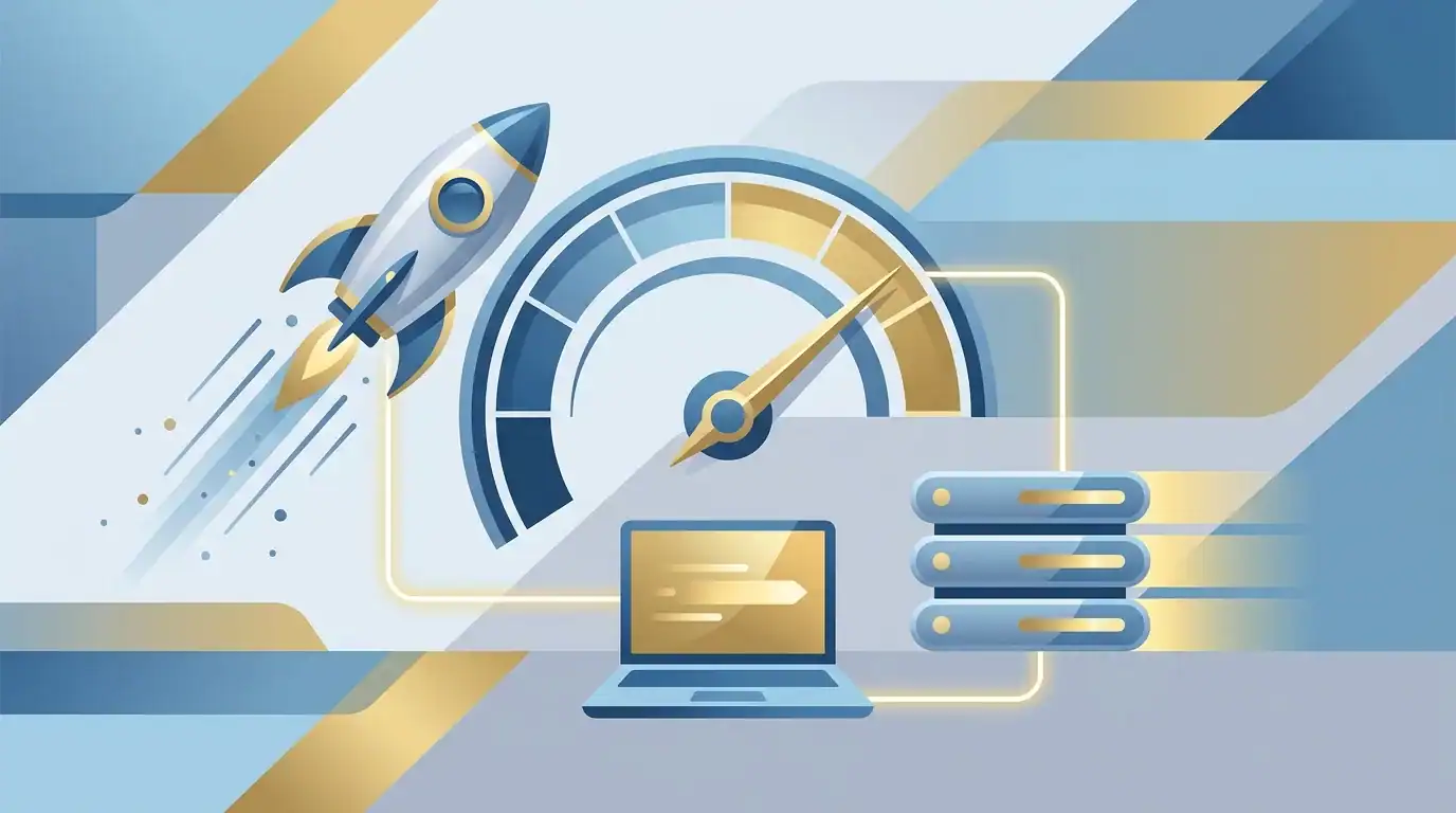 Essential WordPress Plugins: What You Actually Need in 2026 3 Speedometer and rocket beside cache layers showing WordPress plugins boosting site speed