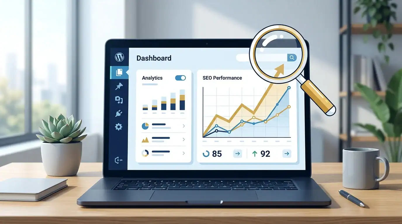 Essential WordPress Plugins: What You Actually Need in 2026 2 Laptop dashboard with magnifying glass over rising SEO charts from WordPress plugins