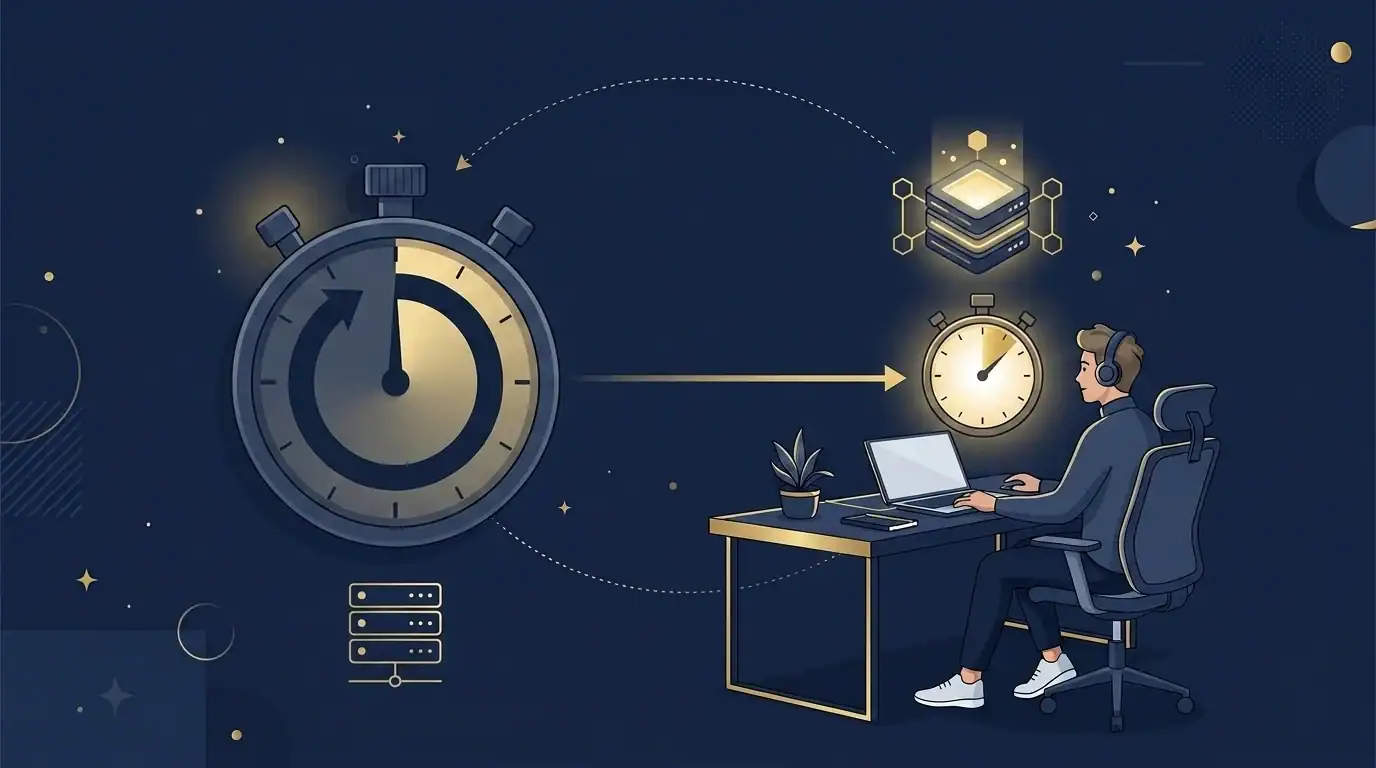 Kadence vs GeneratePress vs Astra: I Ran All Three in 2026 2 Illustration of a large slow stopwatch beside a small fast one with a cache layer between, showing caching affects page speed more than WordPress theme choice