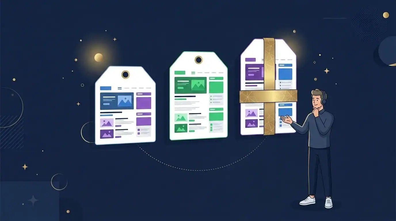 Kadence vs GeneratePress vs Astra: I Ran All Three in 2026 3 Three ascending price tags for WordPress theme licences with the tallest wrapped in a corporate ribbon, and a person choosing the cheapest option