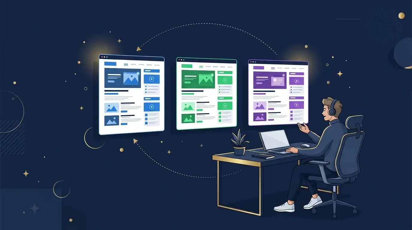 Kadence vs GeneratePress vs Astra: I Ran All Three in 2026 1 Blogger comparing three WordPress theme layouts with an arrow looping back to the start, showing theme switching returns you to where you began