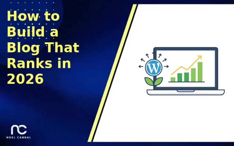 Branded banner — How to Build a Blog That Ranks in 2026 — with a laptop and rising search rankings illustration