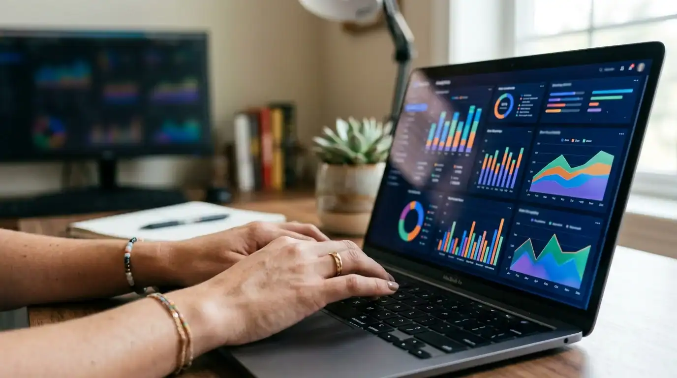 How to Build a Blog That Ranks in 2026 (Complete Strategy) 3 Hands typing on a laptop showing keyword research dashboards to build a blog on data