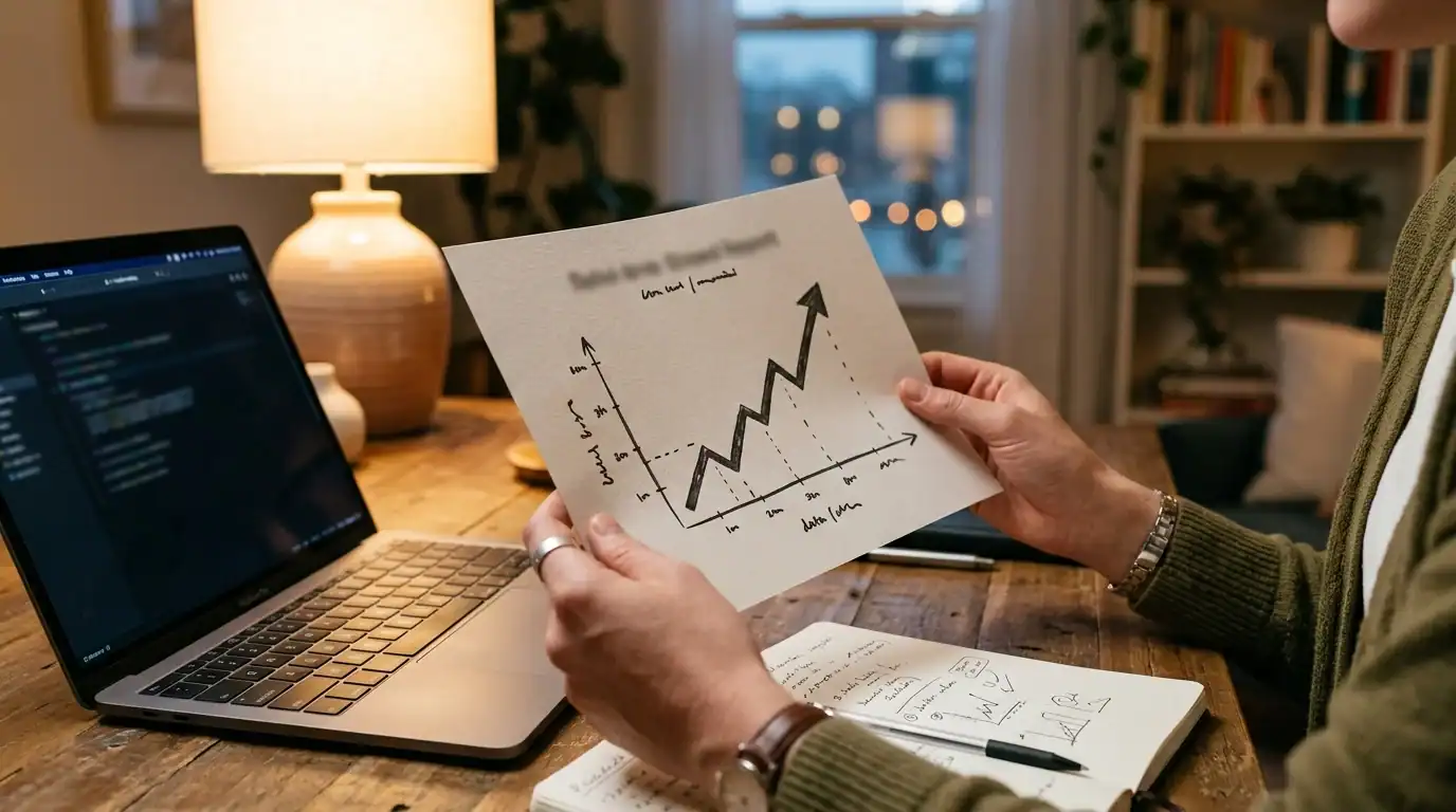 How to Build a Blog That Ranks in 2026 (Complete Strategy) 5 Blogger reviewing a growth chart after working to build a blog that ranks