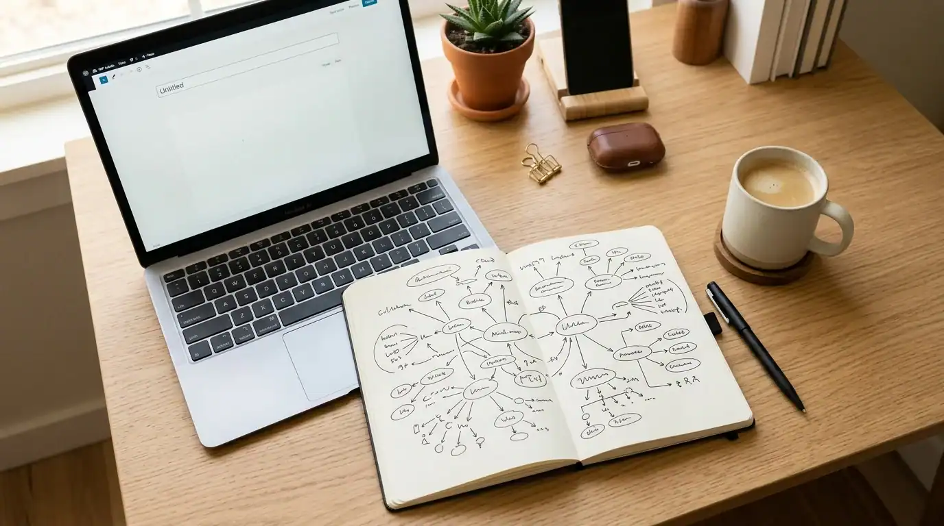How to Build a Blog That Ranks in 2026 (Complete Strategy) 2 Notebook with a hand-drawn niche mind map used to build a blog around real experience