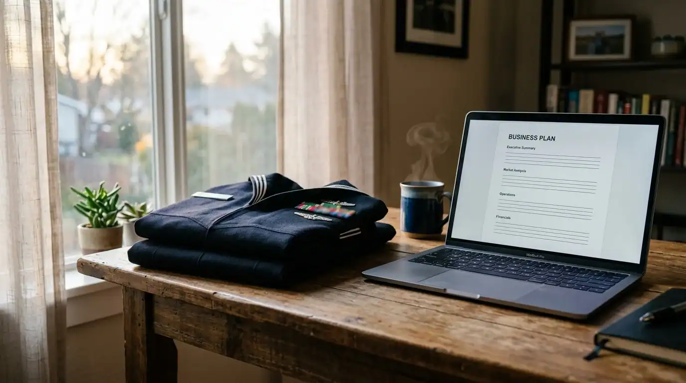 Navy uniform beside a laptop symbolizing a veteran entrepreneur's transition from military service to business ownership