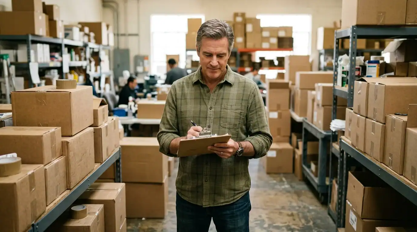 Veteran entrepreneur managing inventory in a small e-commerce warehouse