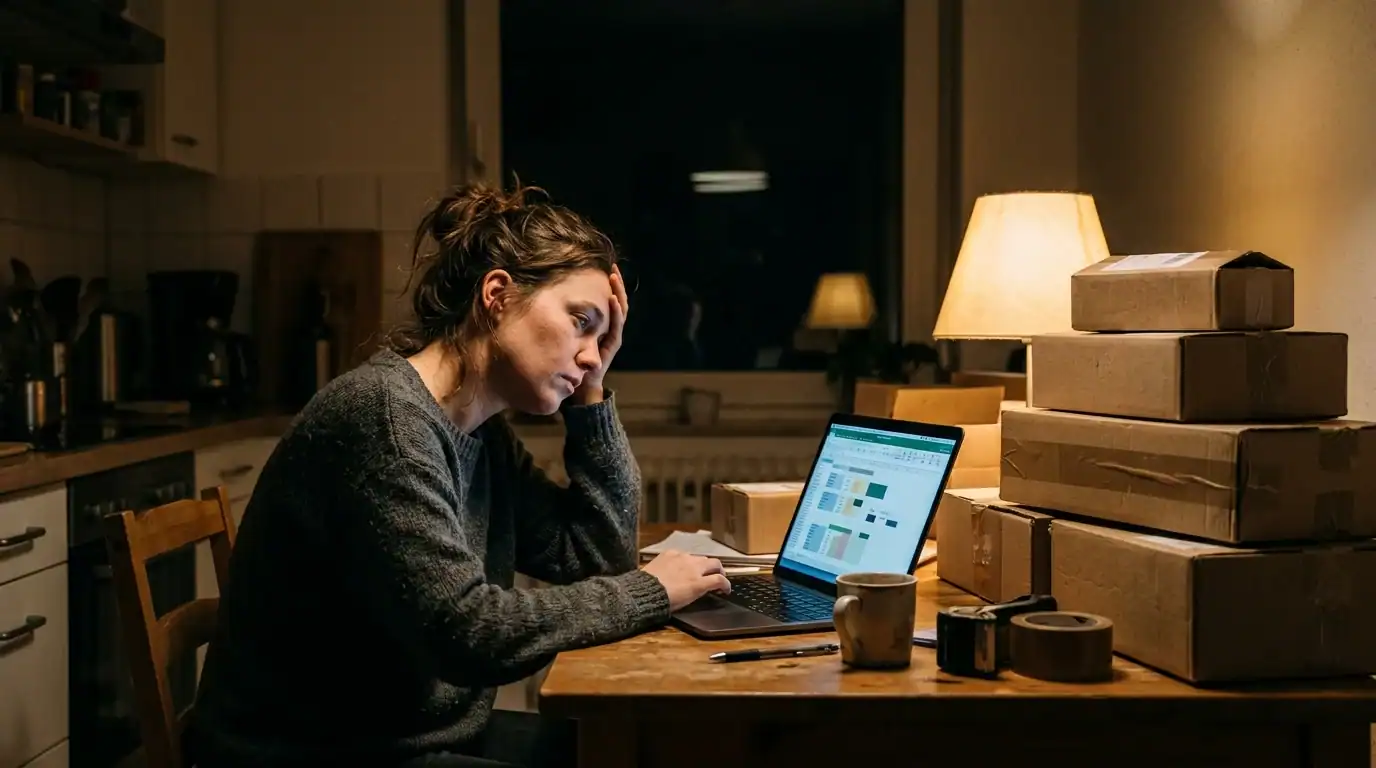 Why Most Side Hustles Fail (And How to Beat the Odds) 1 Late-night kitchen table workspace showing why side hustles fail from burnout