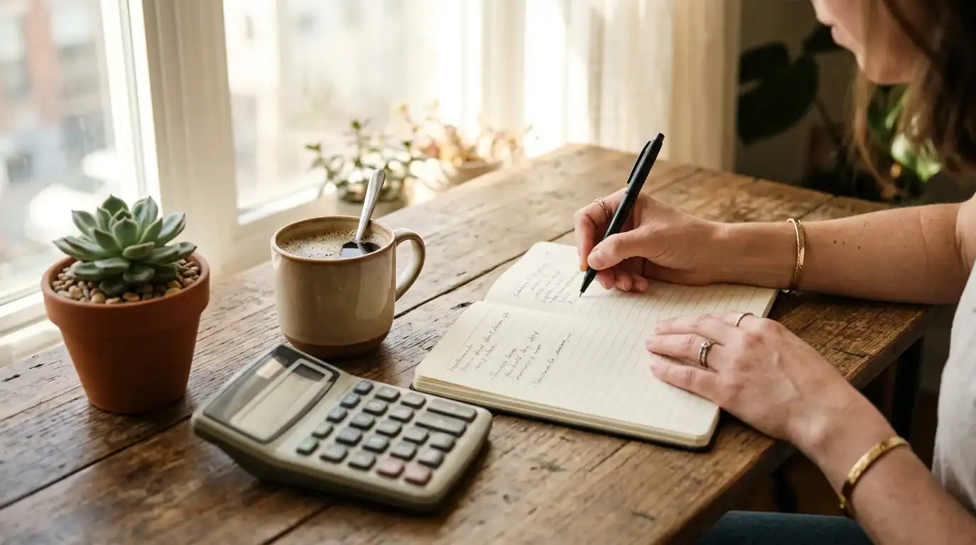 Why Most Side Hustles Fail (And How to Beat the Odds) 3 Hands writing a side hustle plan in a notebook next to a calculator