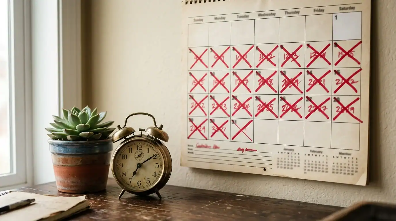 Why Most Side Hustles Fail (And How to Beat the Odds) 2 Wall calendar with crossed-off days showing the long timeline before side hustles pay